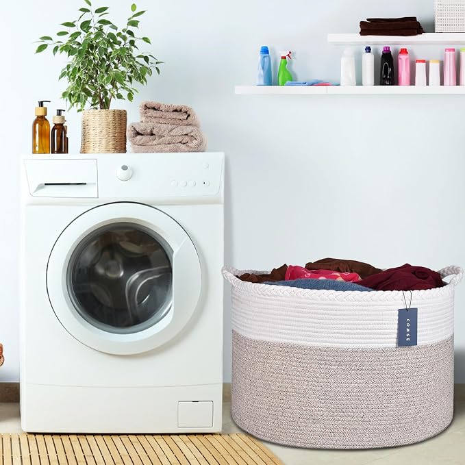 COMSE XXXLarge Woven Blanket & Laundry Basket, 87L, White & Light Brown | 21.7" x 13.8", Cotton Rope, Nursery Hamper for Storage of Toys Clothes Towels, Ideal for Living Room Bedroom Bathroom