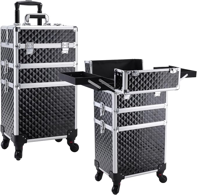 3 in 1 Rolling Makeup Case Cosmetology Case on Wheel Vintage Black | Cosmetic Trolley Large Storage with Keys 360° Swivel Salon Barber Case Traveling Cart Trunk for Artist Hairstylists Nail Tech