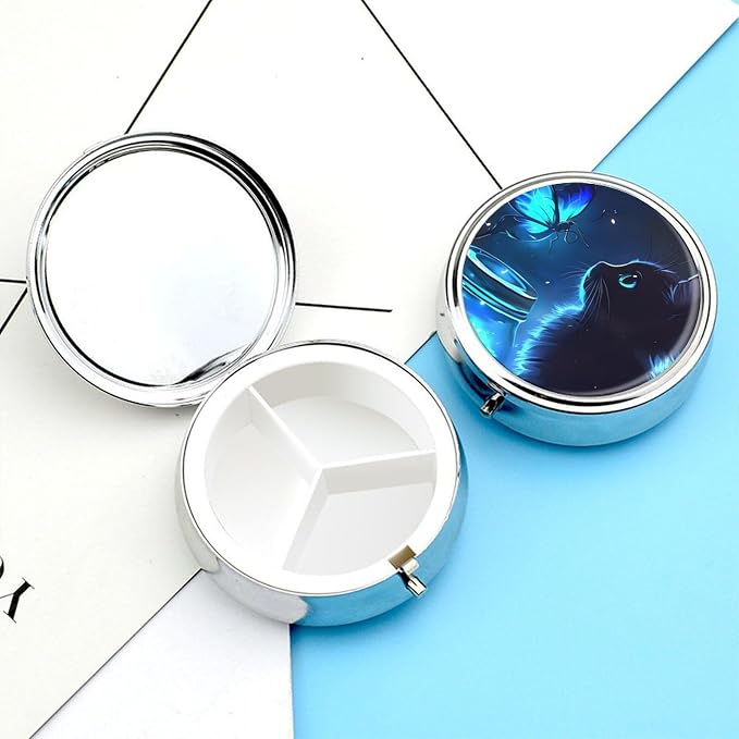 Black Cat Pattern Metal Round Pill Box, 3 Compartment Travel Organizer, Portable Pill Container with Secure Latch, 2 Inch Circular Vitamin Caddy for Pills and Vitamins, Gift for Him Her Elderly