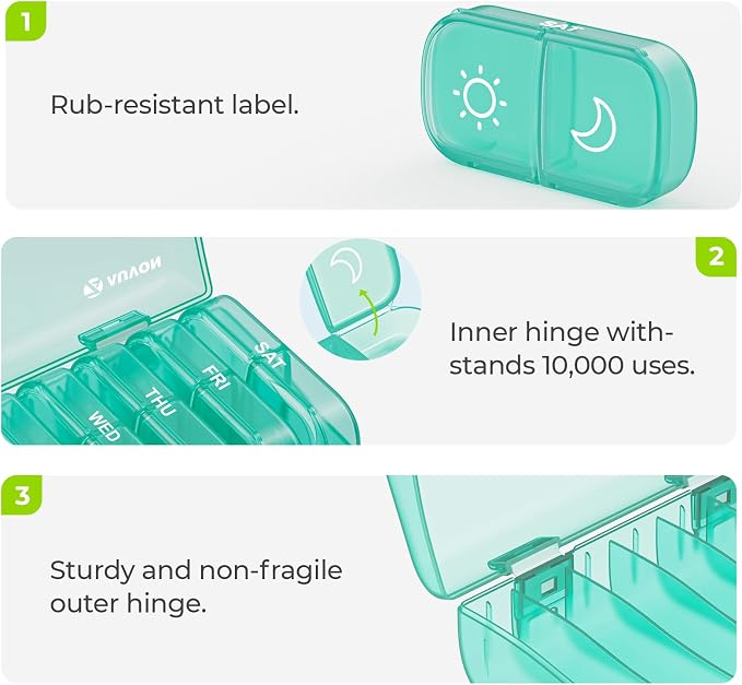 AUVON Weekly Pill Organizer 2 Times a Day, One-Sided Opening, Easy to Use | AM PM Pill Case, XL Pill Box 7 Day, Travel Medication Organizer for Medication, Vitamins, Fish Oils, Supplements, Cyan
