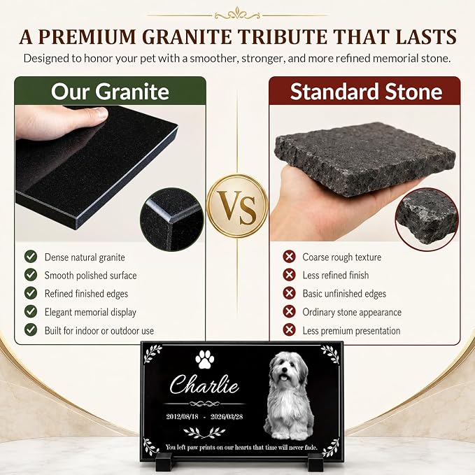 Personalized Pet Memorial Stone, Custom Granite Pet Grave Marker | for Dogs & Cats , Engraved Memorial Plaque with Photo Name Dates & Message, Indoor Outdoor Garden or Tabletop Display