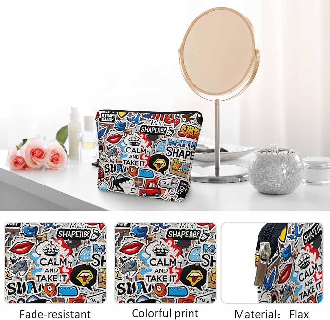 Women Cosmetic Bag Graffiti, Rainbow Graffiti Social Media Signs Cute Makeup Bag For Purse Cosmetic Travel Bag For Toiletries Makeup Storage Bag Flax Skincare Bag Make Up Pouch Bags