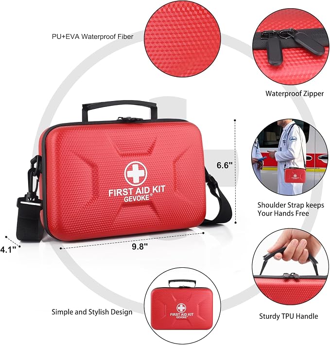Gevoke 410 Piece Waterproof Hard Shell First Aid Kit, Red | For Home, Car, Travel, Camping, Truck, Hiking, Sports, Office, Vehicle & Outdoor, Emergency Medical Kits