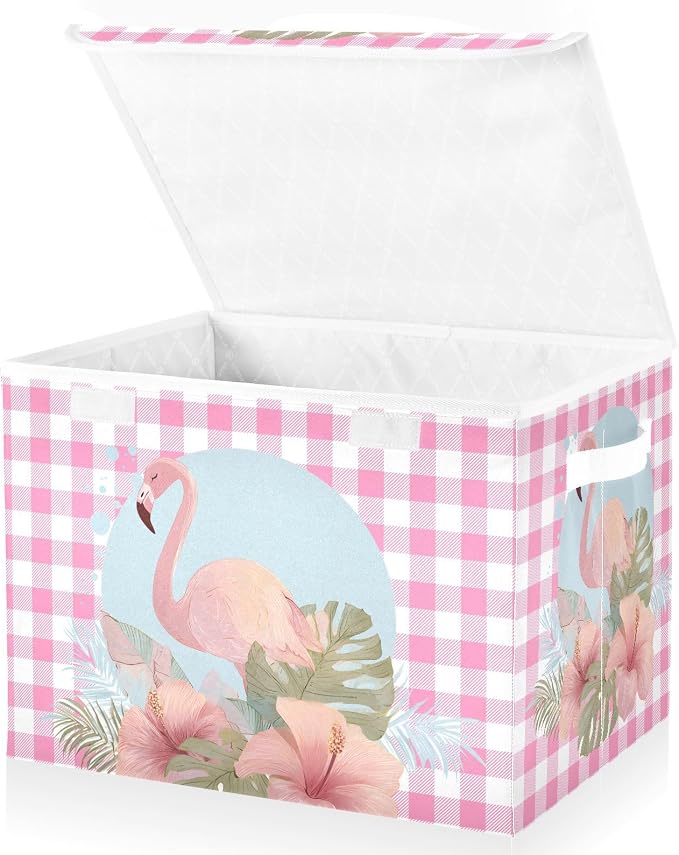 Fabric Storage Bins with Lid Flamingo Foldable Storage Boxes 40L Baskets | Decorative Storage Boxes, 300D Oxford Cloth, Hollow Board Frame, Flip Top Velcro Lid, 16.5x12.6x11.8 inch, Collapsible Design