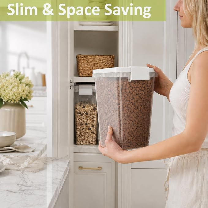 5-10 Lbs Airtight Cat Dog Food Storage Container, 8QT Compact Pet Food Bin | Plastic Food Container with Buckle-Lock Lid & Scoop for Dog, Cat, Bird Seed, Pet Food, Chicken, Dry Food, Rice, Cereal, Flour