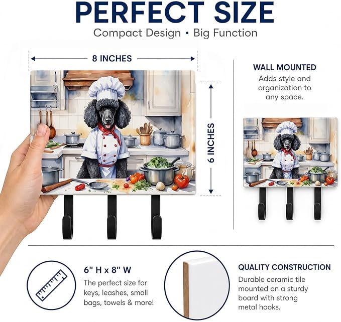 Caroline's Treasures Black Poodle The Chef Leash or Key Holder Wall Hooks, Key Hooks Holder, Coat Rack Wall Mount, Coat Hooks, Hooks for Hanging Keys, Towels, Aprons, Leashes | Black Poodle The Chef artwork on ceramic tile with three steel hooks for ke...