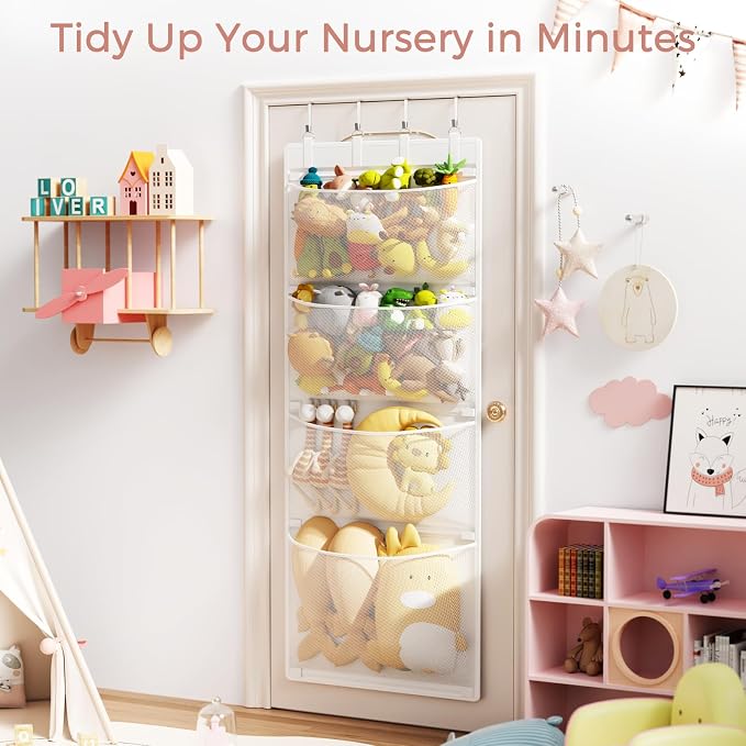 Stuffed Animal Storage, Over the Door Organizer with 4 Mesh Pockets, Toy Organizers and Storage for Nursery, Baby Supplies, Hanging Door Organizer for Kids Room & Playroom Organization, White