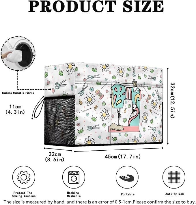 Sewing Machine Cover with Storage Pockets,Dust & Pet Hair Protection,Fits Standard Singer, Brother and Janome Machines, Protecting & Decorating Your Sewing Space Sewing Flower(White)