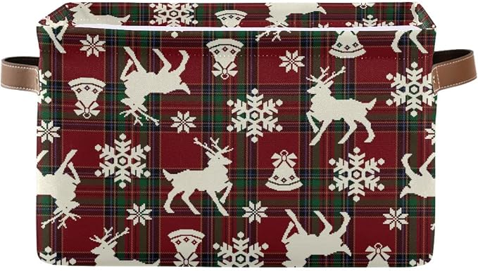 Christmas Bells Reindeer Storage Basket Fabric Laundry Baskets Winter Snowflake Xmas Red Green Buffalo Plaid Storage Boxes Organizer Bag for Cloth Toy Book Storage Cubes Shelf Closet Bins 16×12×8