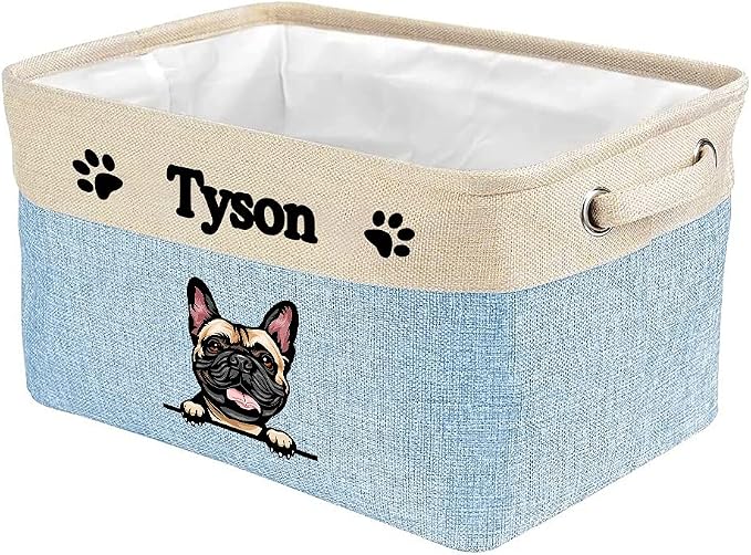 Personalized Fabric Dog Toy Storage Basket with Cute Dog French Bulldog Collapsible Sturdy Fabric Pet Toys Storage Bin Cube with Handles for Organizing, Blue amd White