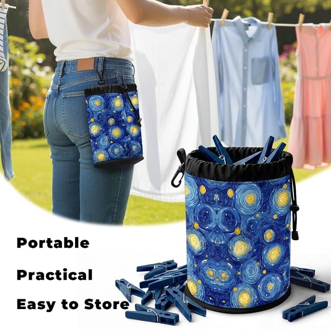 Moon Star Clothespin Bag with Drawstring Closure, Laundry Peg Organizer Pouch with Multi-Hanging Loop, Portable Storage for Clips, Perfect for Drying Rack, Camping, Home