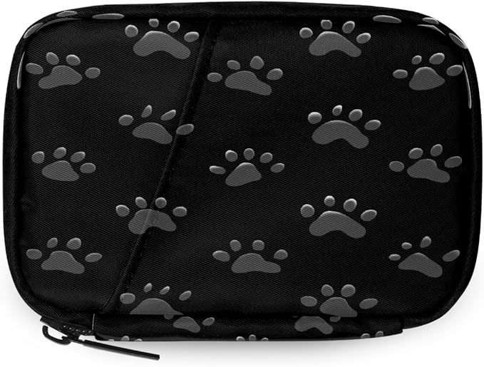 Weekly Pill Organizer Travel Size Bag with Removable 7 Day Pill Box Portable Vitamin Case Purse with Zipper,Gray Paw Prints On Black
