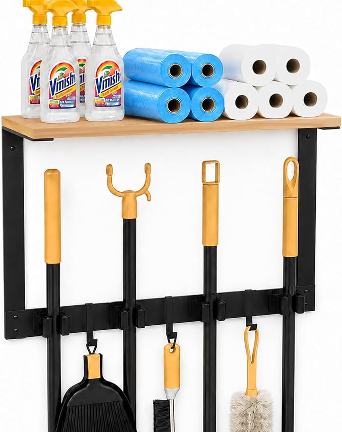 Broom Holder Wall Mount, Broom and Mop Organizer Wall Hanging with Solid Wood Frame,Organizer Rack Built with 4 Grippers & 3 Hooks; Broom Hanger Wall Mount for Laundry Room, Garages and Storage Room