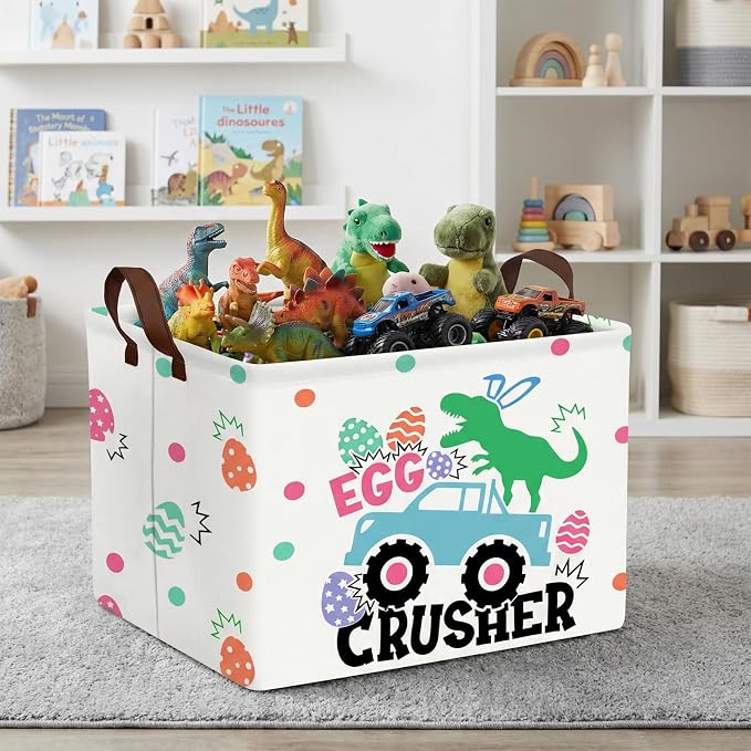Kid Rectangular Empty Easter Basket for Girl Boy Bunny Eggs Easter Basket Gift Baby Room Decor Storage Organizer (Monster Truck Dinosaur)