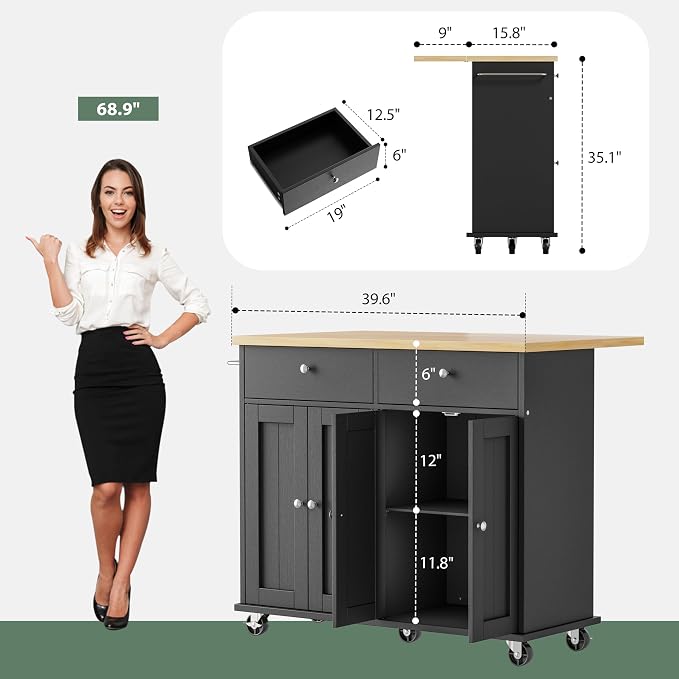 JY QAQA 39" Kitchen Island on Wheels with Storage Cabinet Kitchen Cart Cabinet with Shelves, Cart Handle for Towel Rack or Free Mobility, Portable Islands for Kitchen, Black