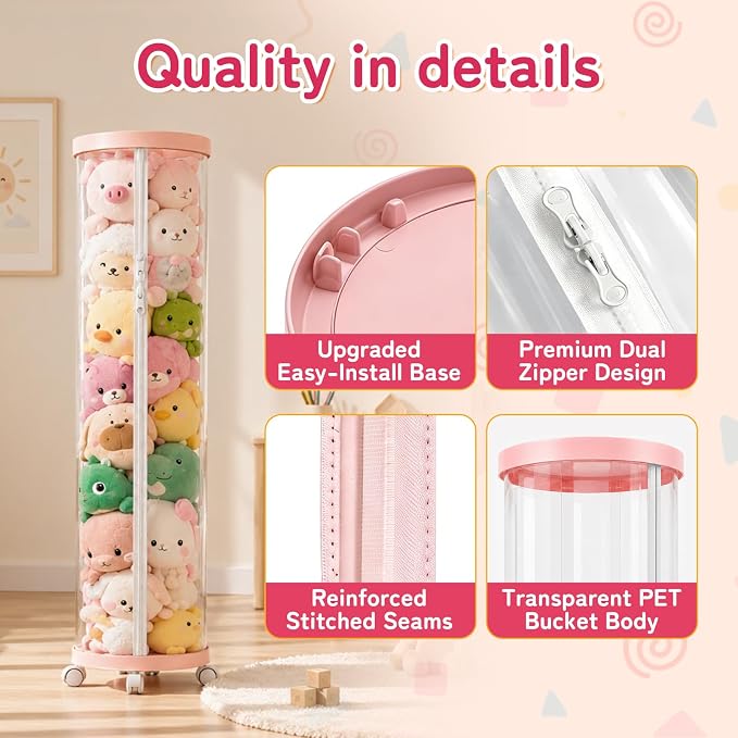 Upgraded Stuffed Animal Storage Tube,Tall (150cm) Plush Organizer with 4 Wheels,Pink PET Clear Bucket & Double Zipper, Space-Saving Toy Storage for Kids Room,Tidy Zoo Bin for Stuffed Animals