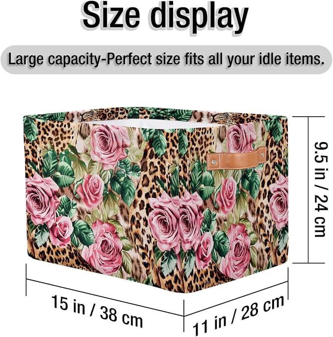 Leopard Print Floral Flower Storage Basket Storage Cube Basket Bins | Collapsible Cloth with Handles Rectangular Toys Nursery Bedroom Home Office