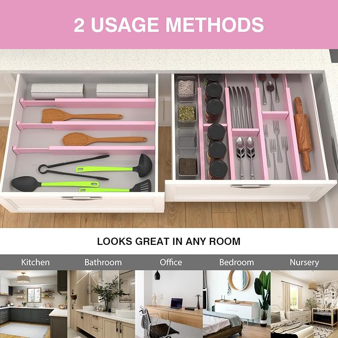 Expandable Bamboo Drawer Dividers Organizers, Drawer Separators Splitter, 17-22 inches Long Adjustable Spring-loaded Organizer for Large Utensil, Clothes, Tools(Pink)