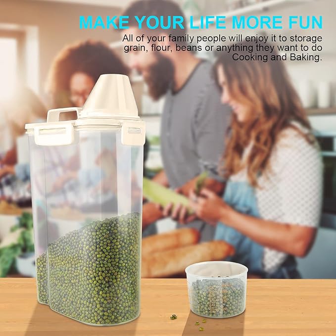 Uppetly Rice Airtight Dry Food Storage Containers, BPA Free Plastic Storage Bin Dispenser with Pourable Spout, Measuring cup for Cereal, Flour and Baking Supplies, Include a Stainless Steel Whisk
