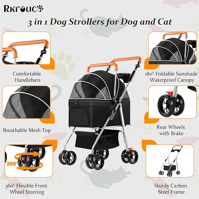3 in 1 Pet Stroller for Dogs Cats Foldable Jogger with Detachable Carrier