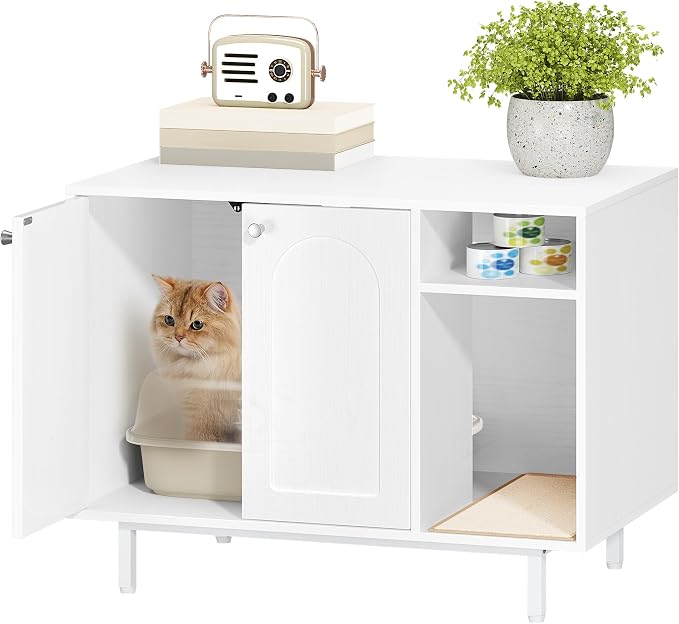 Hzuaneri Cat Litter Box Enclosure, Hidden Litter Box Furniture with Storage | Large Wooden Cabinet with Sisal Mat, Modern Cat Washroom for Living Room, Bedroom, Entryway, White CB01513W