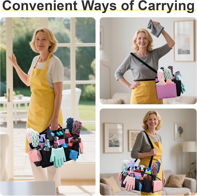 Wearable Large Cleaning Caddy Bag for Housekeepers (Pink) | Cleaning Supplies Organizer with Adjustable Shoulder, Waist & Handle Straps, Detailing Bag for Kitchen Supplies