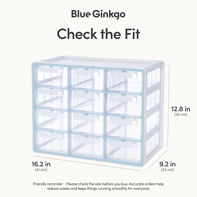Blue Ginkgo 12-Drawer Storage Cabinet Organizer, Blue, Made in Korea | Stackable. Adjustable. Easy Visibility.