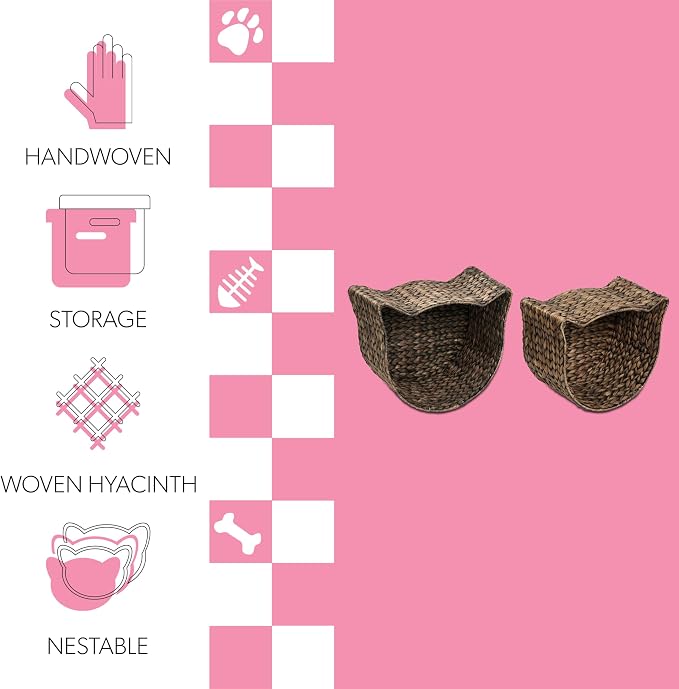 BSK4001B-2SET Feliz Cat-Shaped Hand Woven Water Hyacinth Nesting Pet Toy Organizer Baskets, Cay Storage Box for Living Room, Brown (Set of 2)