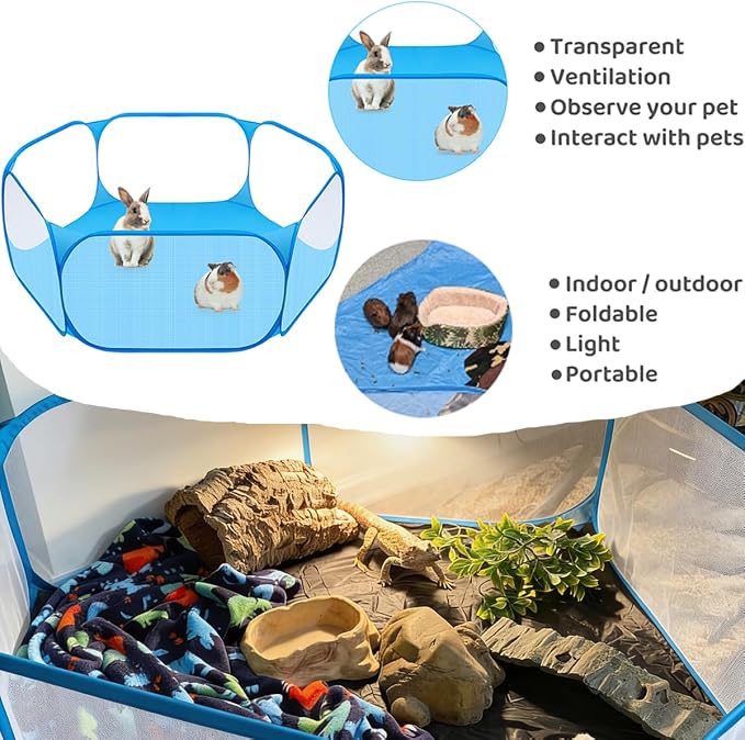 Amakunft 2 in 1 Small Animal Playpen with Waterproof Pad, Pop-Up Portable Play Yard for Guinea Pigs, Rabbits, Hamsters, Hedgehogs, Foldable Exercise Fence with Breathable Mesh for Indoor Outdoor Use