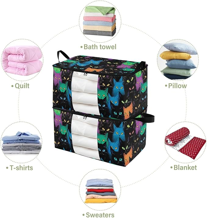 Cute Cat Black Clothes Storage Bag Bins 2 Pack Foldable Storage Containers Large Closet Organizer with Zipper Storage Cubes for Bed Sheets Comforters Clothing 95L