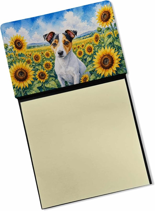 Caroline's Treasures Jack Russell Terrier in Sunflowers Watercolor Sticky Note Holder Refillable Dispenser Desk Accessory 3x3 Pad Gift