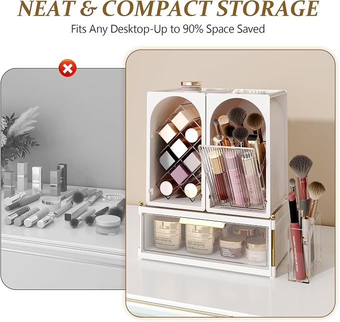 FOLLOWIN Compact Makeup Organizer Set, Makeup Brush Organizer | Lipstick Holder with Grid, Flip Drawer, 2 Ways to Arrange, Milk White Bathroom Counter Organizer, Store Lipsticks, Brushes
