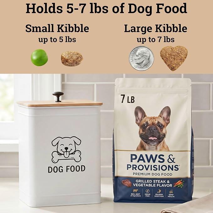 Metal Dog Food Container 5-7lb, 25 Cup w/ Airtight Bamboo Lid, Metal Handle | Pet Jar For Dogs up to 50lbs, Airtight Bamboo Lid, Sturdy Comfortable Metal Handle, Powder Coated Iron, Kibble Storage Bin