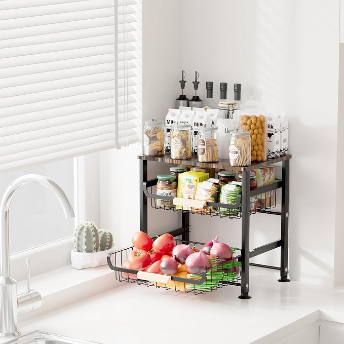 Fruit Vegetable Basket for Kitchen,3 Tier Pantry Organizers and Storage,Snack Organizer for Countertop,Pantry Cart,Metal Wire Storage Shelf Organizer Baskets for Kitchen, Pantry, Bathroom
