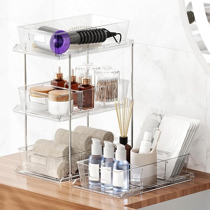 Bathroom Under Sink Organizers and Storage, 2 Tier, 2 Packs | Clear Vanity Countertop Pull-out Cabinet Organizer, Stackable Multi-Purpose Kitchen Pantry Organization with Dividers