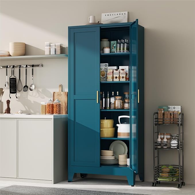 YAUWOH 71''Metal Cabinet with 4 Adjustable Shelves,5-Tier Pantry Storage Cabinet,Kitchen Pantry Cabinet for Living Room,Dining Room, (1PC,Blue)