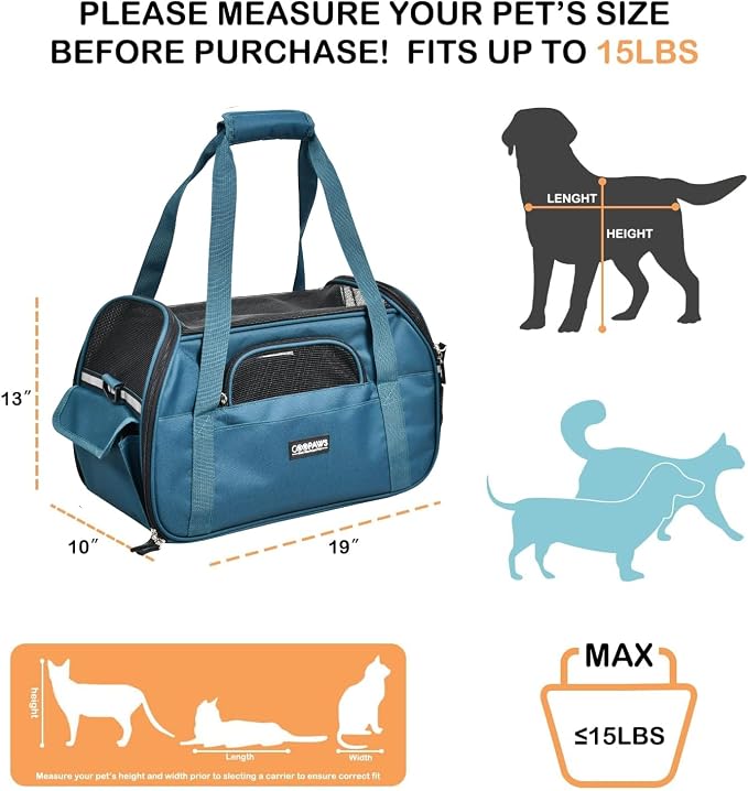 Jespet Airline Approved Soft-Sided Kennel Pet Carrier Travel Handbag | Lightweight, Foldable, Portable, Built-In Safety Leash, Luggage Sleeve, for Cats & Small Dogs, for Indoor & Outdoor