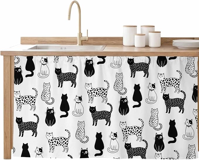 Cat Animal Cabinet Curtain 32"Wx55"L,Dustproof Pantry Door Curtain with Self Adhesive Tape,Black White Earthy Tone Pet Modern Minimalist Tall Storage Cover Privacy Drape for Bathroom Kitchen Laundry