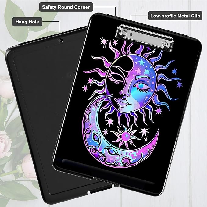 Purple Moon Sun A4 Clipboard with Storage Pen Holder, Clipboards Organizer Nursing Clipboard Foldable File Folder Plastic Clipboard Folio Clip Board for Office Students Classroom Doctor