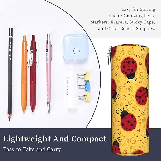 OSAM SPACE Leather Pencil Case Round Pencil Bag Cute Red Ladybugs Swirls Pen Organizer Holder Portable Zipper Pouch Cute School Supplies for Girls Boys Study Office