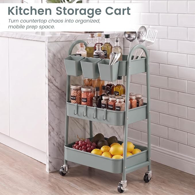 danpinera 3-Tier Rolling Cart, Utility Cart Mobile Metal Rolling Storage Cart with Lockable Wheels & Hanging Cups & Hooks for Kitchen, Bathroom, Office, Workshop, Gray Blue
