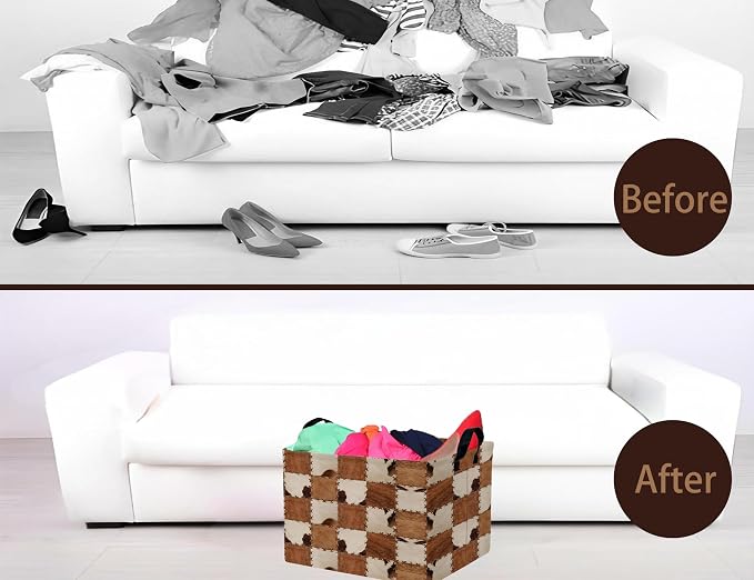 Checkered Kids Toy Basket Collapse Storage Bin with Handles Canvas Cow Fur Print Home Decor(Brown White)