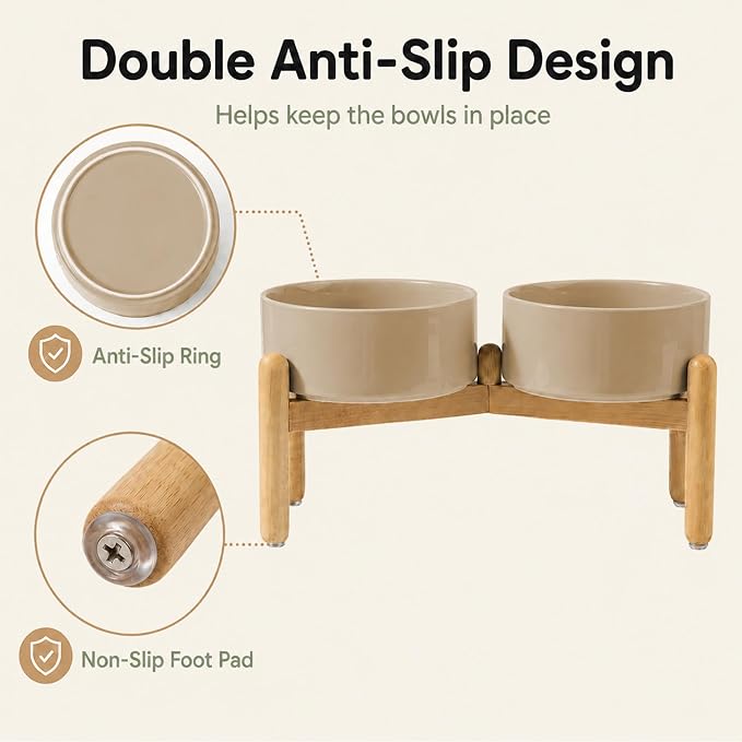 Havniva Ceramic Dog Bowls Elevated, Raised Dog Food Bowl for Small Dogs | 7.3” Elevated Dog Bowls, Non-Slip Wood Stand, Dog Food and Water Bowl Set, Dog Feeding Dish, Large Capacity Pet Water Bowl
