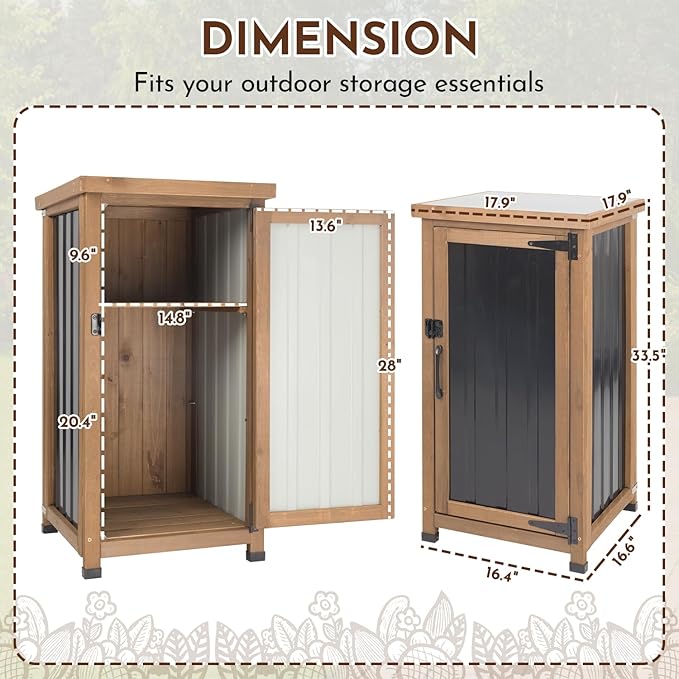 Ketive Outdoor Storage Cabinet with Metal Worktop, Small Garden Storage Cabinet with Adjustable Shelf, Weather-Resistant Fir Wood Tool Organizer for Patio, Backyard, Porch or Balcony
