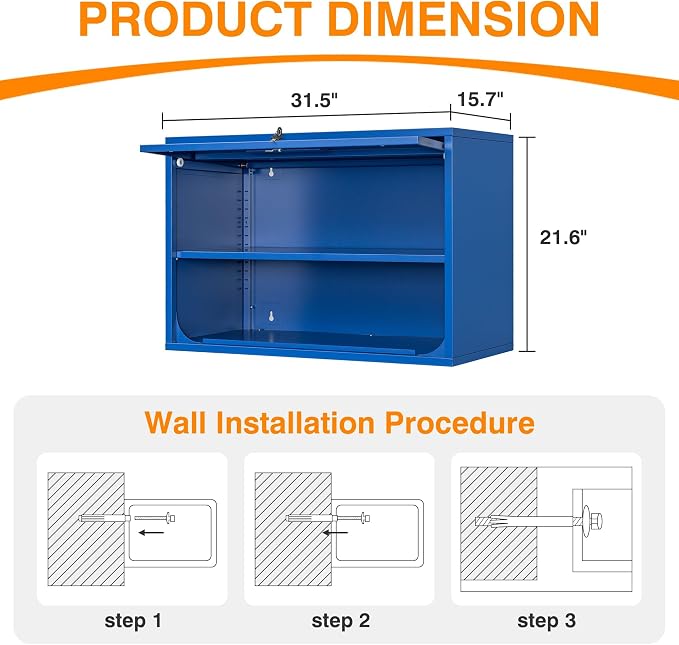 Metal Wall Cabinet with Locking Door and Shelf, Hanging Garage Cabinets with Up-Flip Doors for Garage, Warehouse, Home, Office, Assembly Required (Blue, One Cabinet)