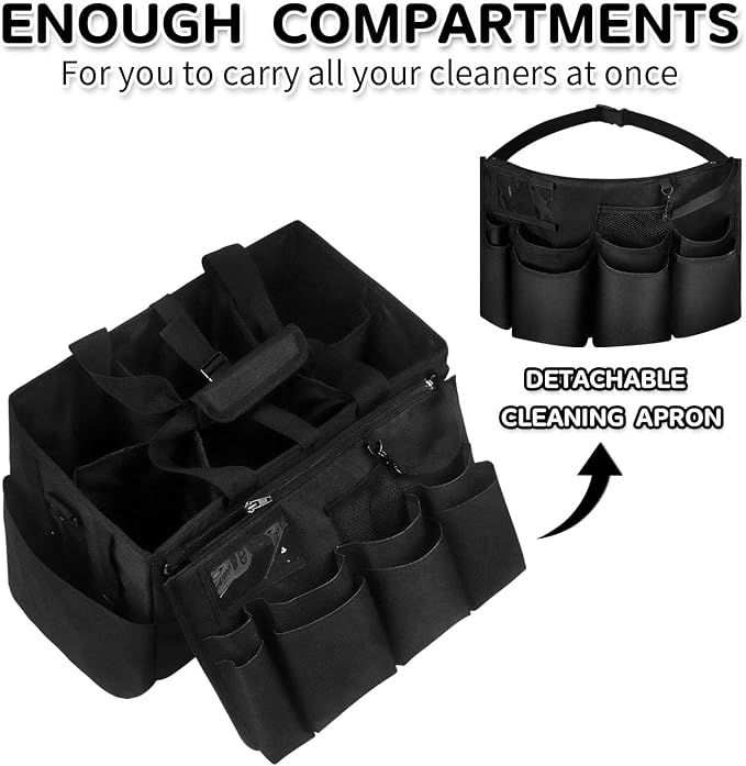 Boczif Cleaning Caddy Bag Wearable,Cleaning Caddy Supplies Organizer（Black） | with Handle, Shoulder Straps & Detachable Divide, Cleaning Tool Organizers Tote Bag for Cleaners & Housekeepers