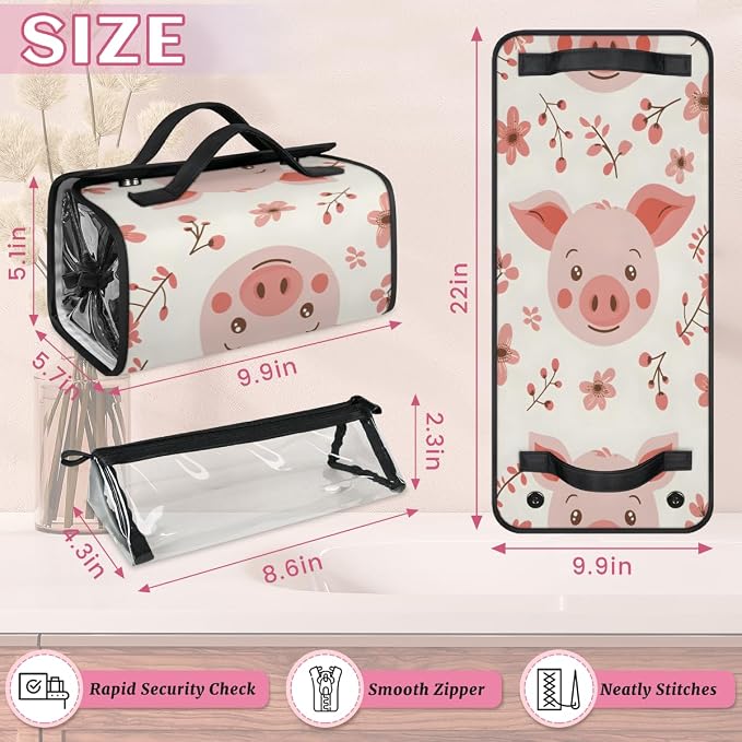 Cute Pig Faces Makeup Bag for Women Hanging Roll-Up Travel Organizer Toiletry Kit with 4 Removable Compartments, Pink Pig