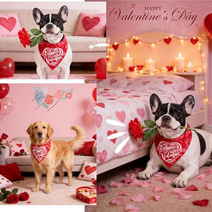 My Mom is My Valentine Dog Bandanas for Valentines Day Reversible 2-in-1 Cute Lettering & Red Heart Pattern Holiday Costume Pet Scarf with Snap Button for Small & Medium Breeds (5-30lbs)
