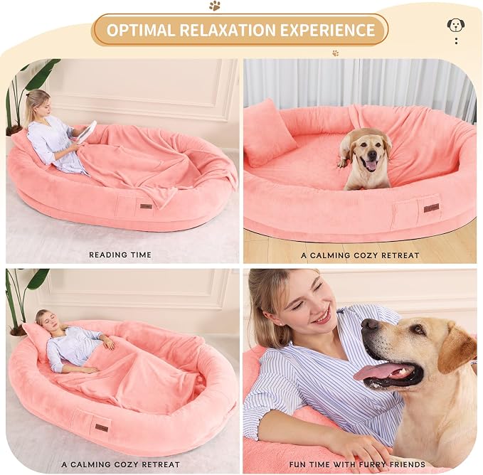 Fvkind Human Sized Dog Beds for People, Human Dog Bed, 70"x33"x12", Pink | Cozy Human Size Dog Bed for Adults and Pets, Thick Orthopedic Egg Crate Foam, Faux Fur Cover, Blanket and Pillow Included