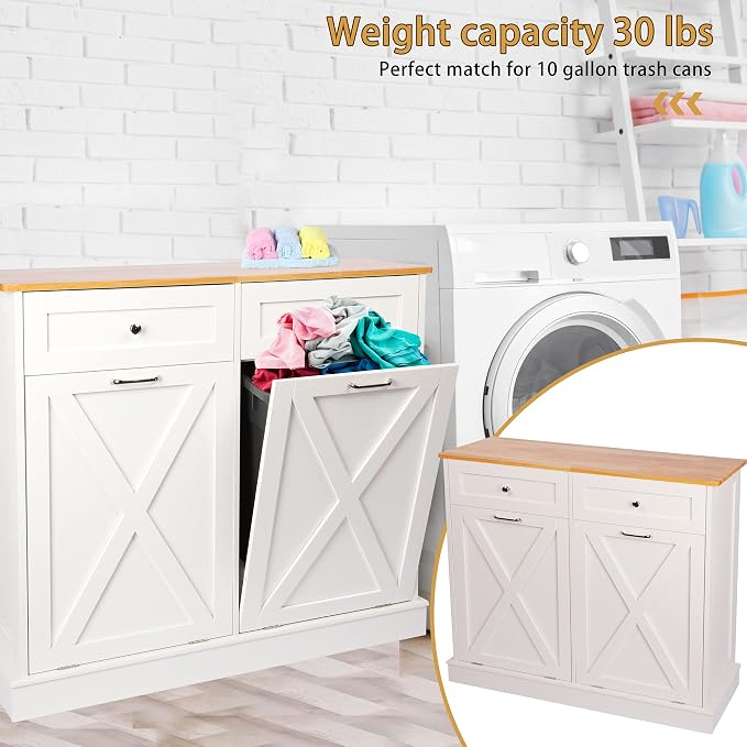 TOLEAD Double Tilt Out Trash Can Cabinet 2 x 10 Gallon Wooden Hidden Trash Cabinet with Barn Door & Solid Wood Top, Farmhouse Kitchen Garbage Bin Enclosure, Pet Proof Odor Blocking for Kitchen, White